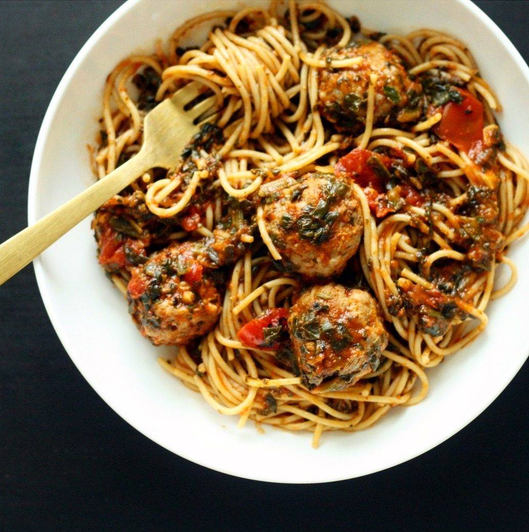Pasta with Tomatoes, Spinach, and Sausage Meatballs