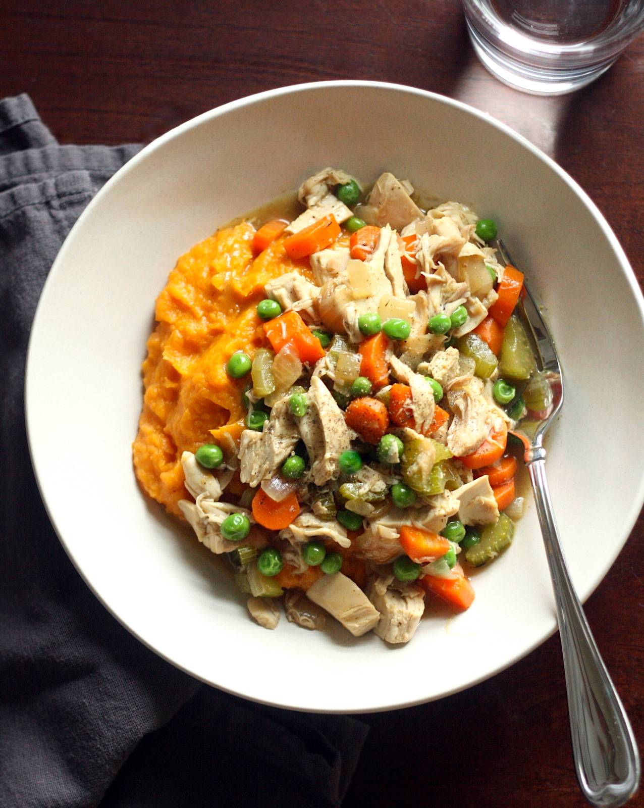 Chicken Pot Pie Bowls with Mashed Sweet Potatoes