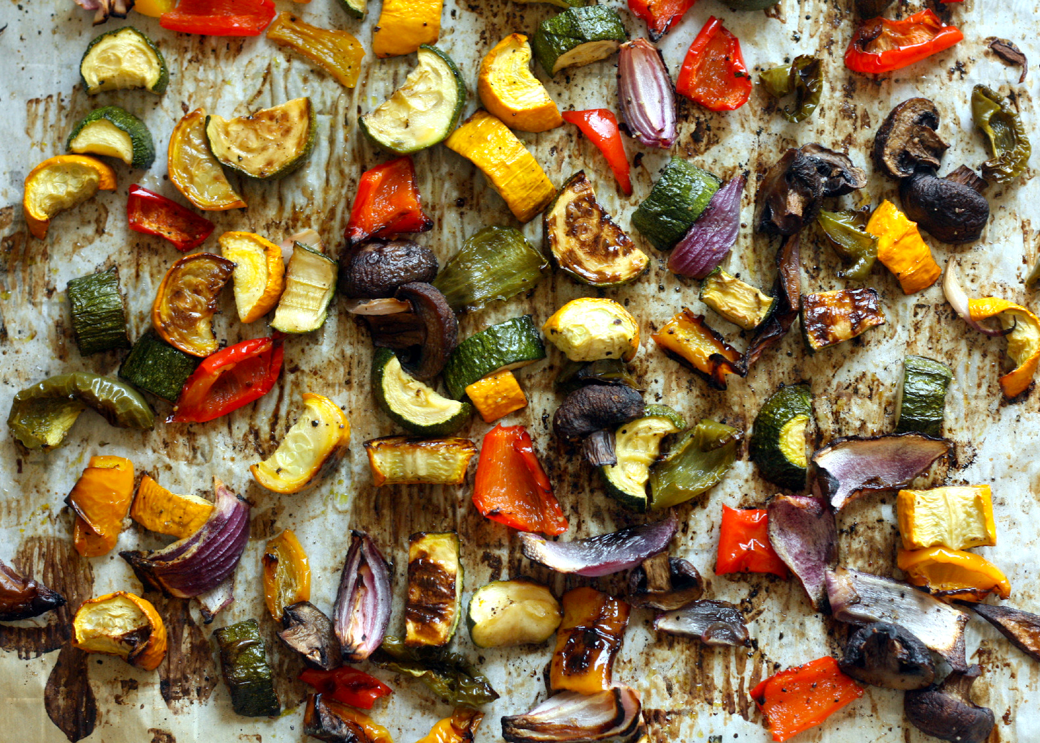 Roasted vegetables on a sheet pan 