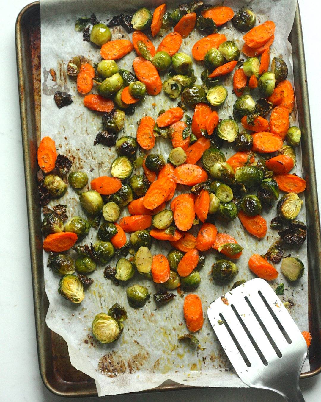 Sweet and Savory Roasted Carrots and Brussels sprouts