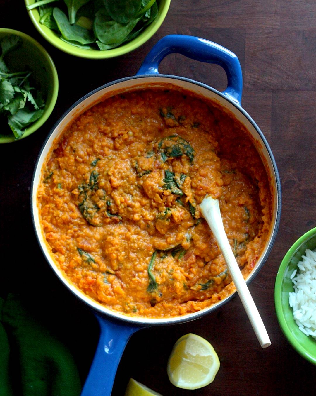 Quick Red Lentil Coconut Curry with Spinach